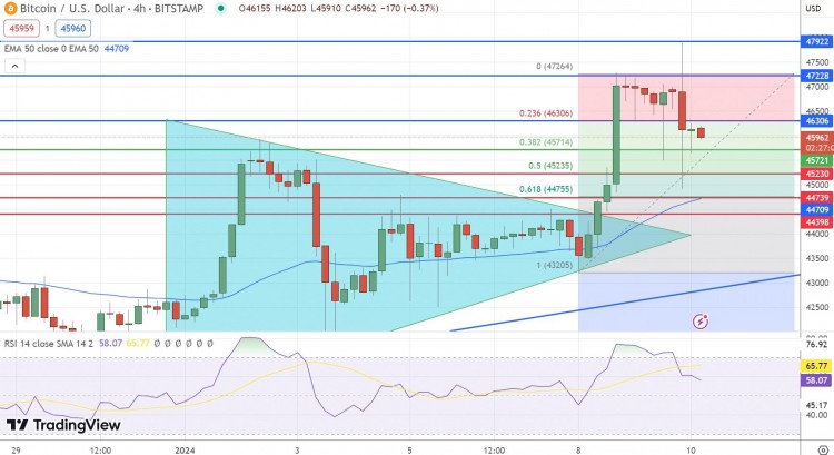 在SEC安全漏洞和ETF動蕩中，比特幣價(jià)格預(yù)測跌至46,000美元