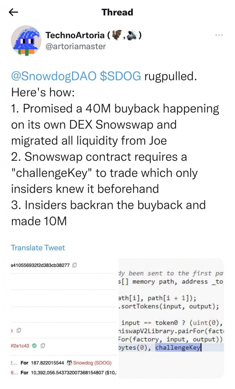 Avalanche區(qū)塊鏈Meme項目Snowdog發(fā)生“RugPull”事件投資者應當注意風險防范